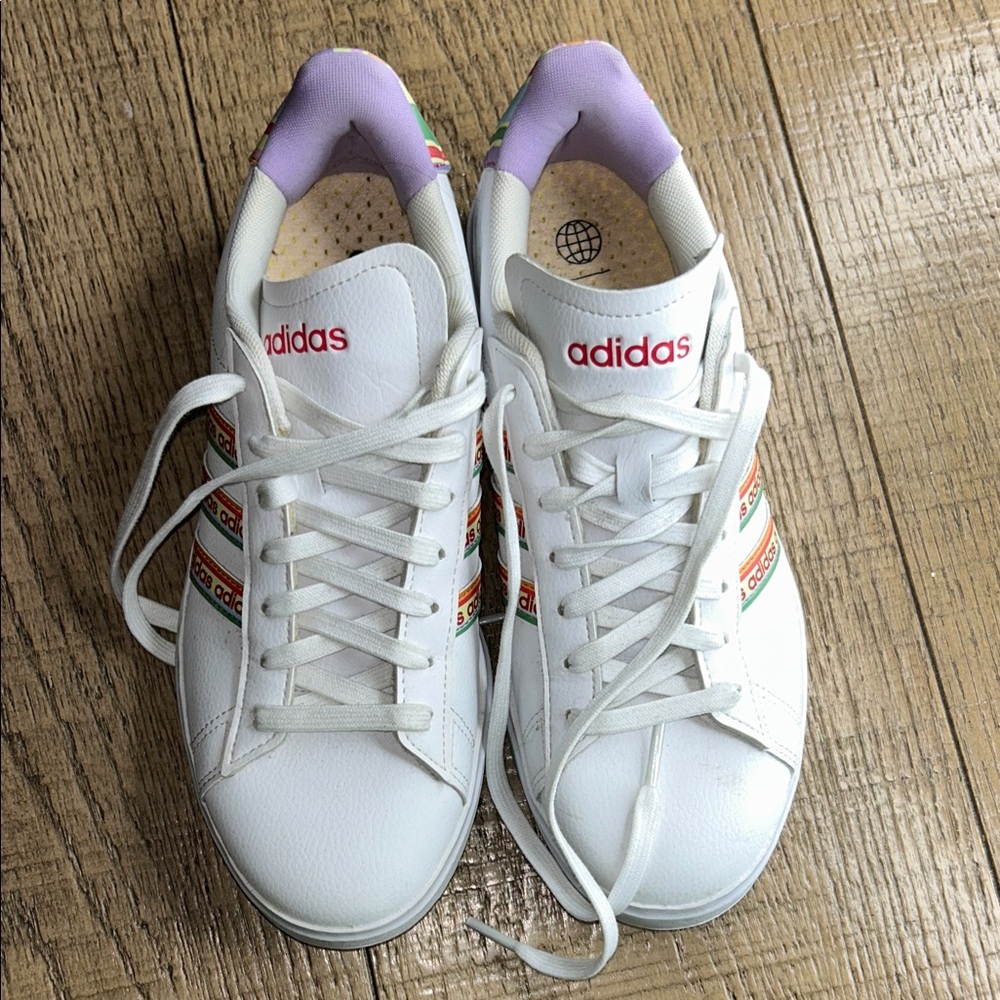 Adidas Women's White Sneakers with Purple and Red Details